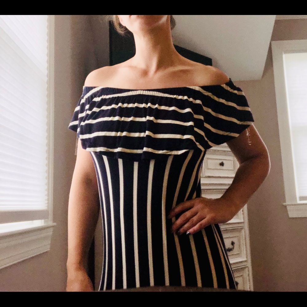 Off Shoulder Navy & Cream Maxi Dress